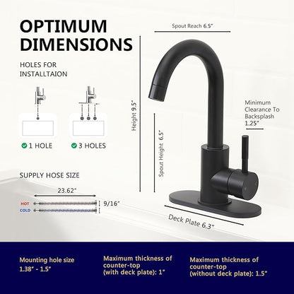 Comllen Matte Black Bar Faucets, Black Bathroom Faucet 1 Hole, 360° Swivel, Small Single Handle Bar Sink Faucet with Deck Plate for Bathroom Bar Kitchen RV Camper Outdoor Laundry Vanity Lavatory
