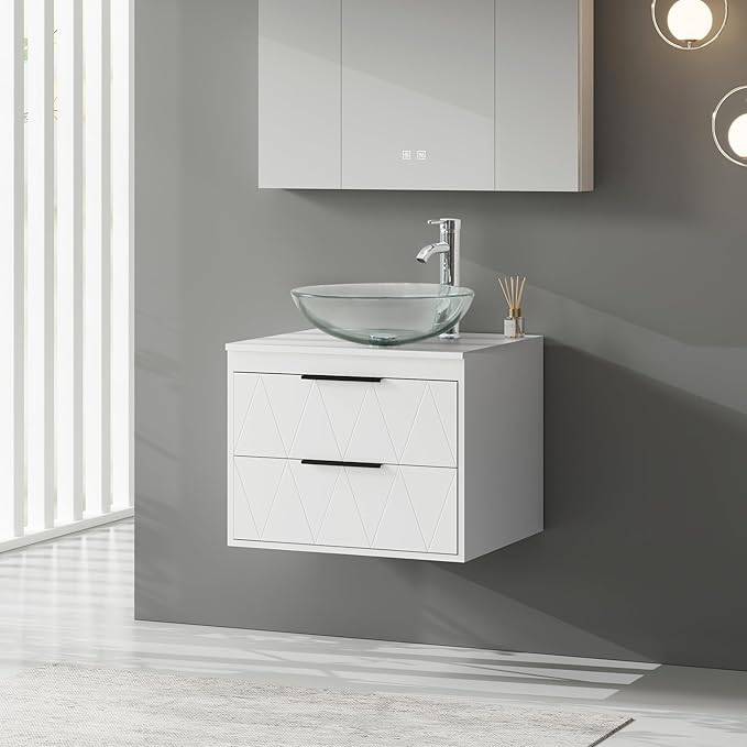 eclife 24" Floating Bathroom Vanities with Sink Combo, Wall Mounted Modern Cabinet W/Diamond Line Pattern Design, Clear Round Glass Vessel Sink W/Water Save Faucet & Pop Up Drain, White