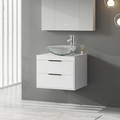 eclife 24" Floating Bathroom Vanities with Sink Combo, Wall Mounted Modern Cabinet W/Diamond Line Pattern Design, Clear Round Glass Vessel Sink W/Water Save Faucet & Pop Up Drain, White