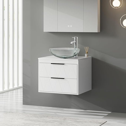eclife 24" Floating Bathroom Vanities with Sink Combo, Wall Mounted Modern Cabinet W/Diamond Line Pattern Design, Clear Round Glass Vessel Sink W/Water Save Faucet & Pop Up Drain, White