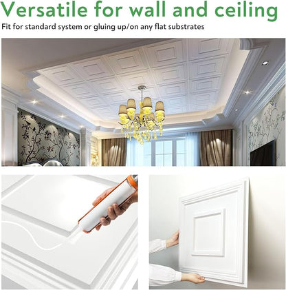 STICKGOO PVC Ceiling Tiles, 2'x2' Glue Up Ceiling Panel White to Prevent Breakage Cover 48 Sq. Ft, Pack of 12 Tiles
