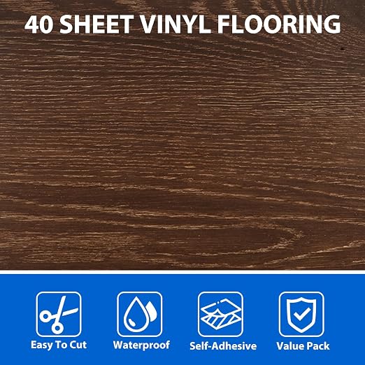 40 Sheet Vinyl Flooring 12 x 12 Peel and Stick Floor Tile Waterproof Dark Wood Vinyl Floor Tiles Clearance Self Adhesive Floor Tiles Sticky Laminate Flooring Stick on Bathroom Kitchen Basement