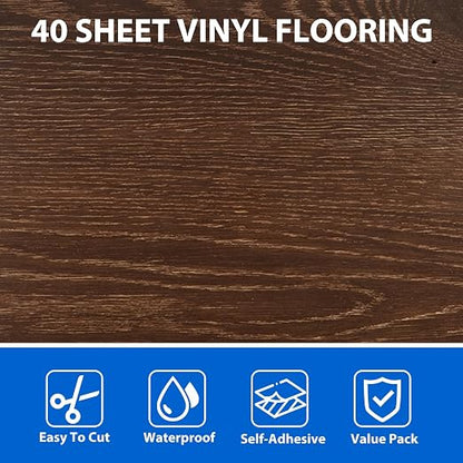 40 Sheet Vinyl Flooring 12 x 12 Peel and Stick Floor Tile Waterproof Dark Wood Vinyl Floor Tiles Clearance Self Adhesive Floor Tiles Sticky Laminate Flooring Stick on Bathroom Kitchen Basement