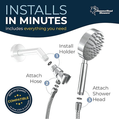 HammerHead Showers® Solid Metal Handheld Shower Head with Hose and Brass Holder - CHROME - 2.5 GPM High Pressure Shower Heads with Adjustable Shower Wand Bracket - 6ft Flexible Extension
