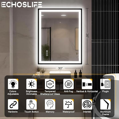 EchosLife 30x36 LED Bathroom Mirror with Lights - Black Framed | Black Frame, Front and Backlit, Anti-Fog, Stepless Dimmable, 3 Colors, Memory, Tempered Glass, UL Listed, Horizontal/Vertical