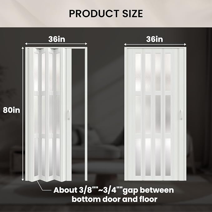SmartStandard 36" x 80" Accordion Doors with Frosted Acrylic Glass, White | Save Space, Full-Side Magnetic Strip, Double-Layer PVC Accordion Doors Interior for Doorway Closet, Easy to Assemble