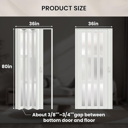 SmartStandard 36" x 80" Accordion Doors with Frosted Acrylic Glass, White | Save Space, Full-Side Magnetic Strip, Double-Layer PVC Accordion Doors Interior for Doorway Closet, Easy to Assemble