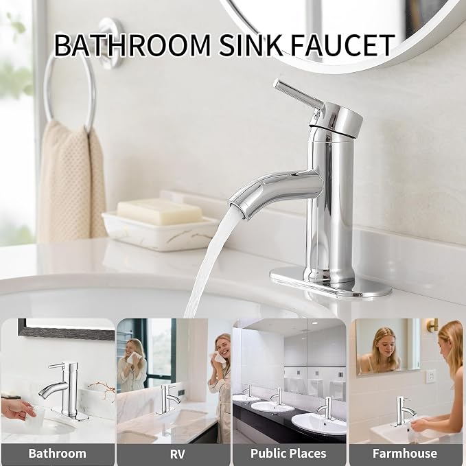 Chrome Bathroom Faucets Single Hole Bathroom Sink Faucet | Modern Single Handle Bathroom Faucte 1 or 3 Hole, RV Sink Vanity Faucet (with Drain, Chrome)
