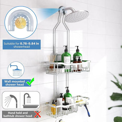 Upgraded Extended Length Shower Organizer with Hooks, Rustproof Shampoo Soap Holder, Large Hanging Bathroom Caddy, Silver