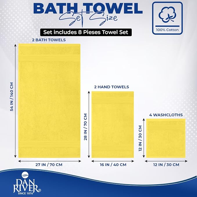 DAN River 8 Piece Luxury Bath Towels for Bathroom, Towel Set, Yellow | 2 Bath towels, 2 Hand towels, and 4 Wash Cloths, 600 GSM 100% Ring Spun Cotton, Highly Absorbent, Gym, Hotel, guest, and Spa