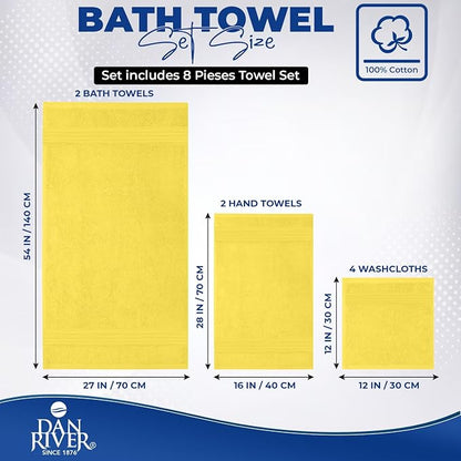 DAN River 8 Piece Luxury Bath Towels for Bathroom, Towel Set, Yellow | 2 Bath towels, 2 Hand towels, and 4 Wash Cloths, 600 GSM 100% Ring Spun Cotton, Highly Absorbent, Gym, Hotel, guest, and Spa