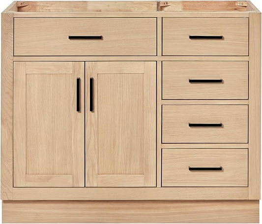 ARIEL Hepburn 42-inch Bathroom Vanity Base Cabinet,Solid Wood, 2 Soft Closing Doors, 5 Dovetail Drawers, White Oak