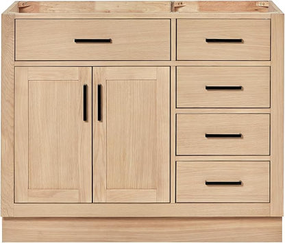 ARIEL Hepburn 42-inch Bathroom Vanity Base Cabinet,Solid Wood, 2 Soft Closing Doors, 5 Dovetail Drawers, White Oak