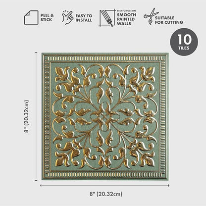 Peel and Stick Metal Backsplash Tiles, Rustic Farmhouse, 10-Pack | 8 x 8 in tile size; Covers up to 4.44 sq ft; Aluminum; Water-resistant surface; For kitchens, ceilings, DIY projects