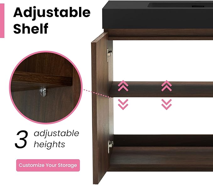 72" Bathroom Vanity with Sink Combo, Mid Century Modern Bathroom Cabinet with 4 Doors & Open Shelf, Matte Black Integrated Sink with Overflow, Brown Walnut