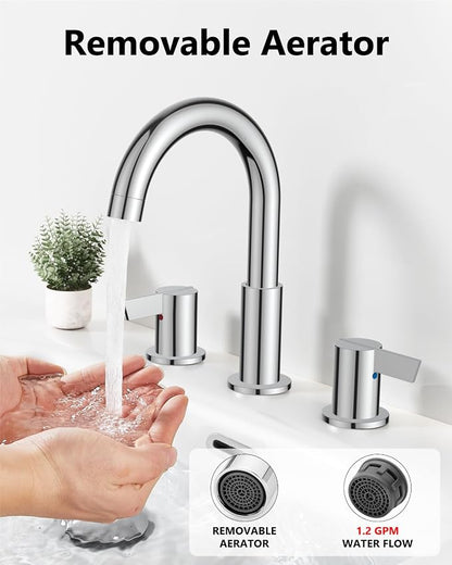 Polish Chrome Bathroom Faucet 3 Hole, 8 Inch Widespread 2-Handle | SUS304 Stainless Steel, 2-Handle Control, Pop-Up Drain, Supply Lines and Mounting Hardware for 8-Inch Widespread Vanity Sinks