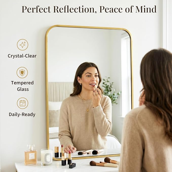 30x36 Inch Brushed Gold Rounded Rectangle Bathroom Vanity Mirror | For Over-Sink Bathrooms, Corrosion-Resistant Aluminum Frame, Slim Front Profile, Two-Way Mount, Protective Packaging