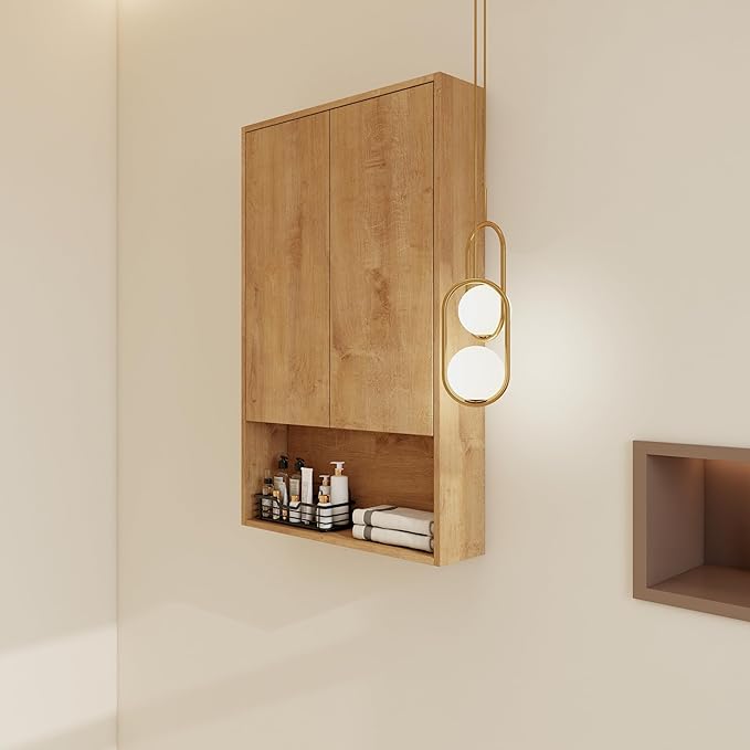 24'' Floating Bathroom Wall Cabinet with Soft Close Doors, 24 Inch Wall Mount Cabinet, Space Saving Storage for Towels & Toiletries, KD Assembly Moisture Resistant Design, Imitative Oak