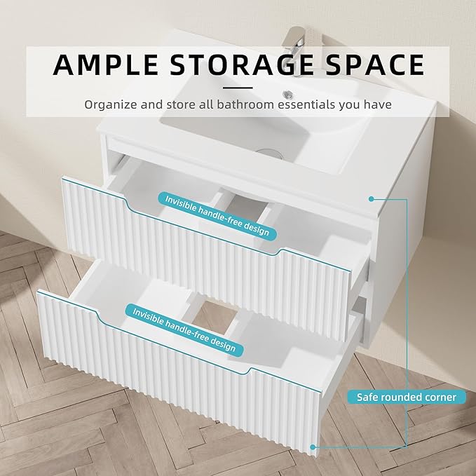 30 inch Wall Mounted Bathroom Vanity with Sink Floating Bathroom Cabinet Sink Combo, Soft-Close System, 2 Extra Big Drawers, White