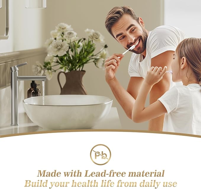 Single Hole Tall Brushed Nickel Vessel Bathroom Sink Faucet, One Hole Single Handle Modern Bathroom Faucet, with Pop Up Drain and Water Supply Line,FH01-BN-V