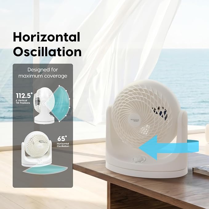 IRIS USA WOOZOO Medium Desk Fan, Oscillating, 112° Tilt, Dorm Office, White | 36ft Max Air Distance, 244ft² Coverage, 112° Adjustable Vertical Tilt, 29db