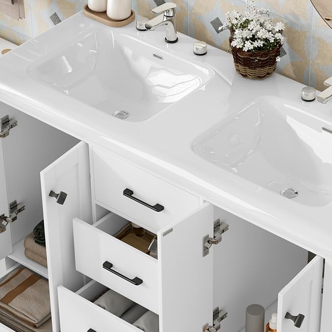 46.7 inch Bathroom Sink Vanity Combo, Large Freestanding Double Bath Vanity Sink Set with 2 Cabinets & 5 Drawers, Dual Basin Modern Bathroom Storage Cabinet, Modern White
