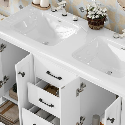 46.7 inch Bathroom Sink Vanity Combo, Large Freestanding Double Bath Vanity Sink Set with 2 Cabinets & 5 Drawers, Dual Basin Modern Bathroom Storage Cabinet, Modern White