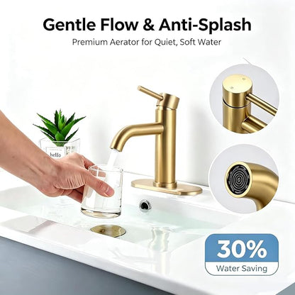 Brushed Gold Single Handle Bathroom Sink Faucet, 1/3 Hole Installation, Lead-Free Stainless Steel, Includes Pop-up Drain & Flexible Supply Lines, for Vanity, Modern Farmhouse and RV Sinks
