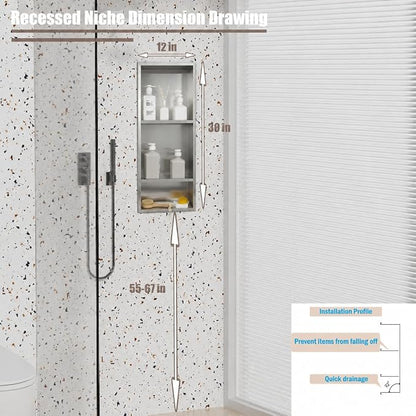 30 x 12 Inch Shower Niche, Brushed Stainless Steel Recessed Wall Niche, No Tile Needed Built-in Shower Shelf, 3-Tier Bathroom Storage Organizer, Waterproof Rustproof