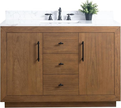 Vanity Art 48" Bathroom Vanity with Sink, Solid Poplar Wood Vanity Cabinet with Doors and Shelf, Modern Wood Bathroom Vanity with White Marble Top, 3 Functioning Drawers, VA70-48-T-E