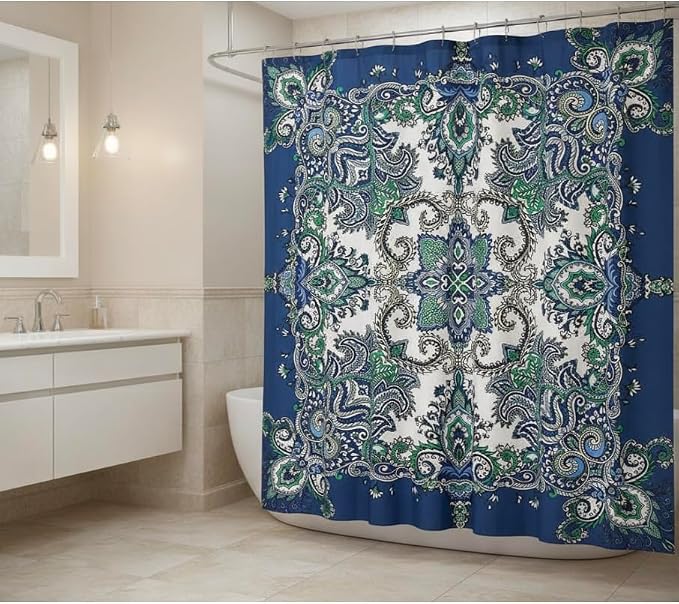 Boho Shower Curtain, Navy Teal White Mandala Floral Design, Fabric, 72 x 72 inches, Stain-Resistant, Paisley Pattern, with Hooks