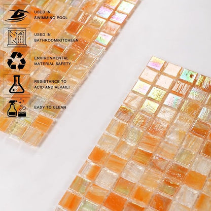 5.75 Sq.Ft Iridescent Orange Glass Mosaic Tile for Bathroom, Backsplash | Waterproof Wall & Floor Tile. Heat & frost resistant outdoors, Swimming Pool, Fireplace, Restaurants, Hotels, Laundry, 10pcs.