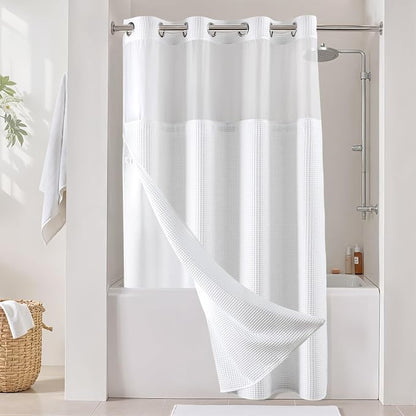 River Dream Cotton Blend Fabric Shower Curtain Set with Liner, White, 54x80 | Waffle Weave, No Hook Needed, with Snap in Replacement Liner, Top Sheer Window, Hotel Quality Fabric for Bathroom