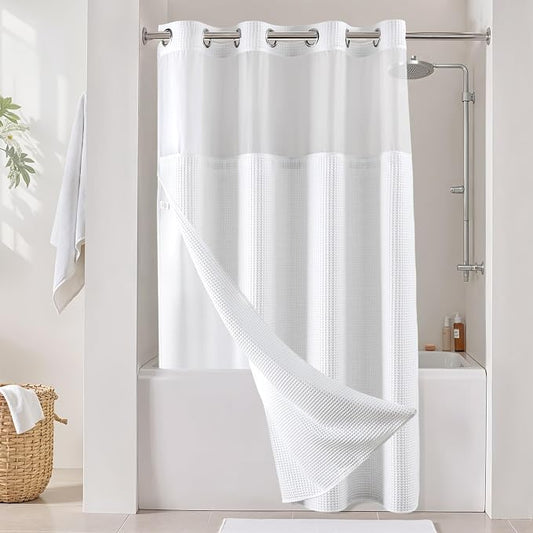 River Dream Cotton Blend Fabric Shower Curtain Set with Liner, White, 54x80 | Waffle Weave, No Hook Needed, with Snap in Replacement Liner, Top Sheer Window, Hotel Quality Fabric for Bathroom