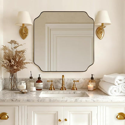 Square Gold Vanity Mirrors, 24"x24" Brushed Brass Scalloped Bathroom Mirror, Antique Wall Mirror with Anti-Rust Stainless Steel Frame, Rounded Notched Corner Design Ideal for Home Deocr