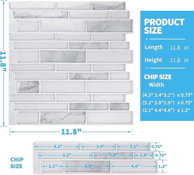 Art3d Stone Peel and Stick Backsplash, 10-Sheet, 12" x 12", White Marble | Lightweight, Self Adhesive, Moisture Resistant, Easy to DIY, Modern Style, for Kitchen, Bedroom, Ideal for New Home Buyers