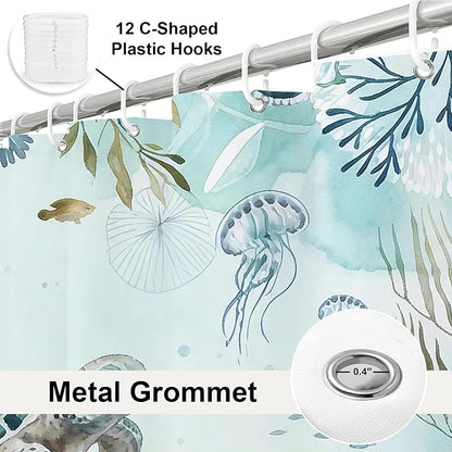 Ocean Nautical Turtle Shower Curtain Cute Modern Luxury Tropical Coral | Funky Shower Curtains for Bathroom, Waterproof Bath Curtain with Hooks Machine Washable Bathtub Curtains 60x72 Inch Blue