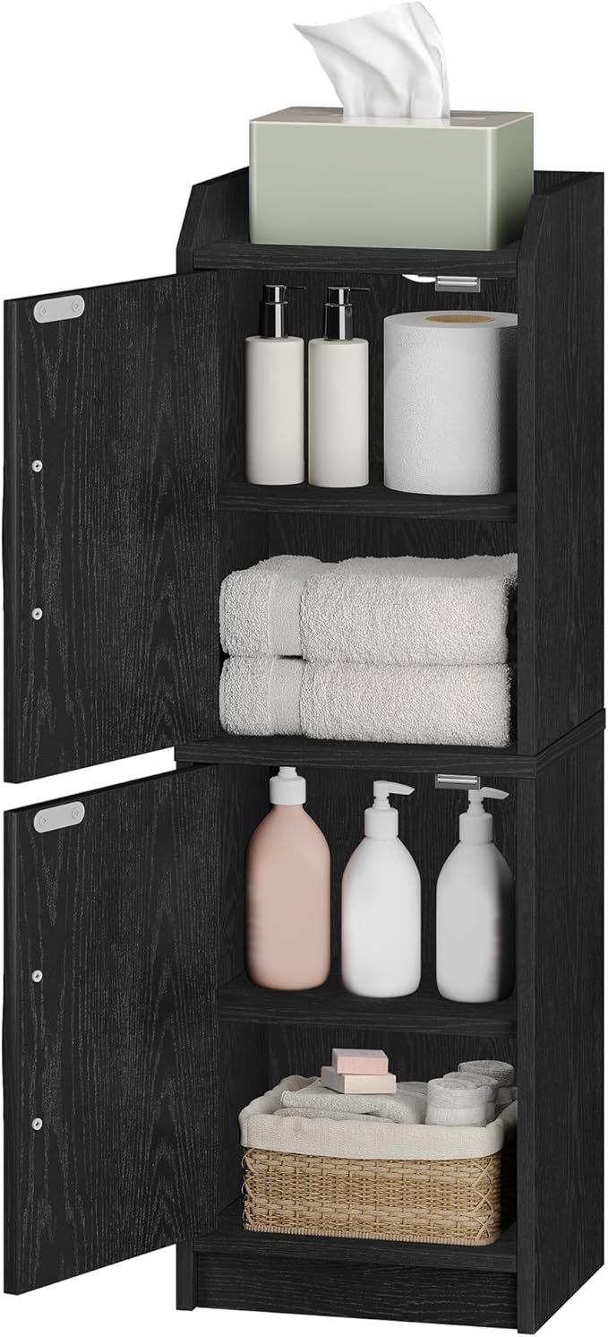 Bathroom Storage Cabinet, Small Corner Floor Cabinet with Door and Shelves, Narrow Bathroom Organizer and Paper Storage with Adjustable Shelves, for Small Spaces, Black BC27104X