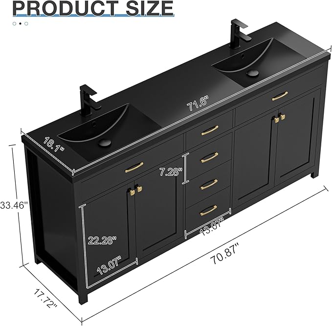 LUCKWIND 72" Bathroom Vanity and Sink Combo, Painted Modern Bathroom Storage Cabinet with Double Large Black Sink, Four Doors and Three Drawers, Include Faucet, Without Mirror, Black