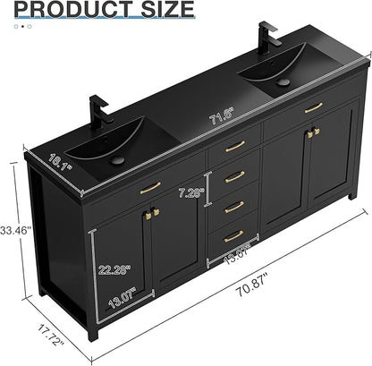 LUCKWIND 72" Bathroom Vanity and Sink Combo, Painted Modern Bathroom Storage Cabinet with Double Large Black Sink, Four Doors and Three Drawers, Include Faucet, Without Mirror, Black