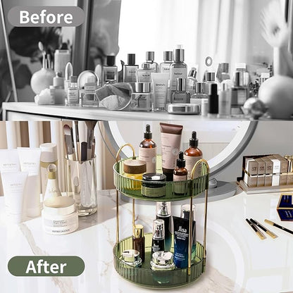Asayuee 360 Rotating Makeup Organizer for Vanity,2 Tier Large Capacity Skincare Organizers,Bathroom Counter Organizer, Spinning Perfume Organizer & Vanity Organizer (Green-2 Tier)