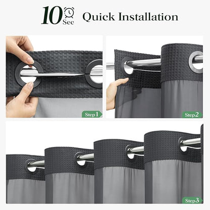 Charcoal Grey Hook Free Waffle Shower Curtain & Snap Liner,72x75 | Less Time to install, 3 in 1 Fabric Shower Curtain and Liner Set with Magnets, Mesh Top Window, Shower Curtains for Bathroom