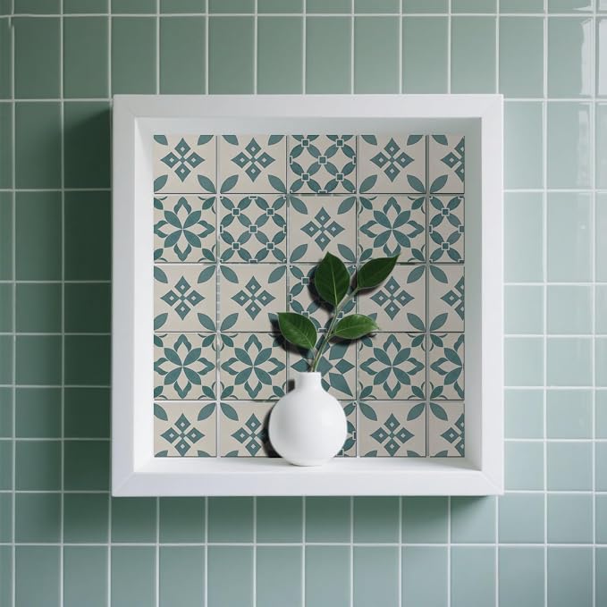 36 Pcs 4 Styles Retro Blue and Green Patten Tile Sticker Geometric Patten Wall Tile Stickers Waterproof Self Adhesive Stick on Decals for Kitchen Bathroom Wall Art 4×4 Inch