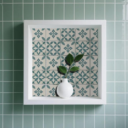 36 Pcs 4 Styles Retro Blue and Green Patten Tile Sticker Geometric Patten Wall Tile Stickers Waterproof Self Adhesive Stick on Decals for Kitchen Bathroom Wall Art 4×4 Inch