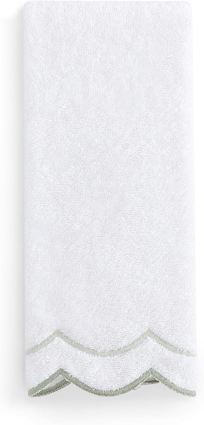 Peri Home 100% Cotton Hand Towel for Bathroom, Embroidered, Soft & Absorbent, 500 GSM, 1 Piece, 16" x 27", White with Sage Scallop | Bathroom, Embroidered, Soft & Absorbent