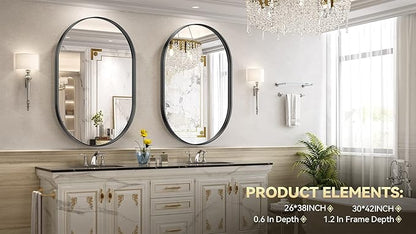 Brightify Black Oval Mirror for Bathroom 26x38 Inch, Metal Framed Bathroom Vanity Mirrors, Modern Wall Mirror for Bedroom Living Room Wall Decorative Hang Vertical and Horizontal