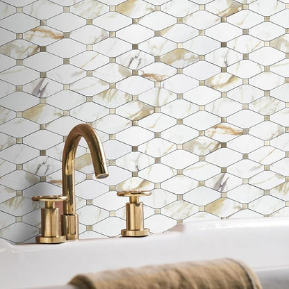 STICKGOO 1 Sheet Peel and Stick Backsplash, Calacatta Golden Stick on Aluminum Composite Tiles Stikers, Self Adhesive Mixed Metal Backsplash for Kitchen, Bathroom, Fireplace, RV