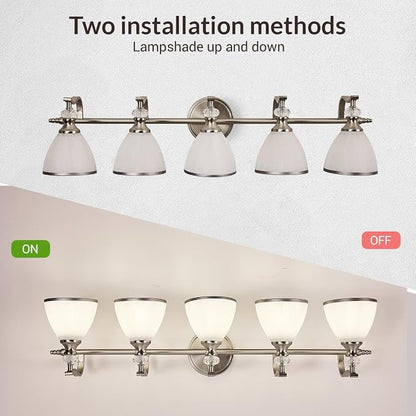 Bathroom Lighting Fixtures, 5-Light Brushed Nickel Vanity Light with Milky Glass Shade, 35" Large Vanity Lights for Bathroom, E26 Socket, for Mirror, Living Room, Bedroom, Hallway