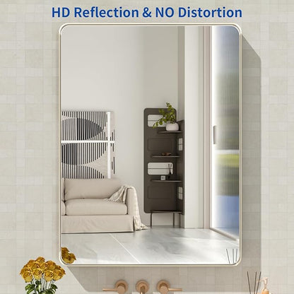 WEER 28X36 Inch Brushed Nickel Bathroom Mirror, Brushed Silver Metal Frame Mirror, Rounded Rectangle Silver Bathroom Vanity Mirror, Tempered Glass, Anti-Rust, Hangs Horizontally or Vertically