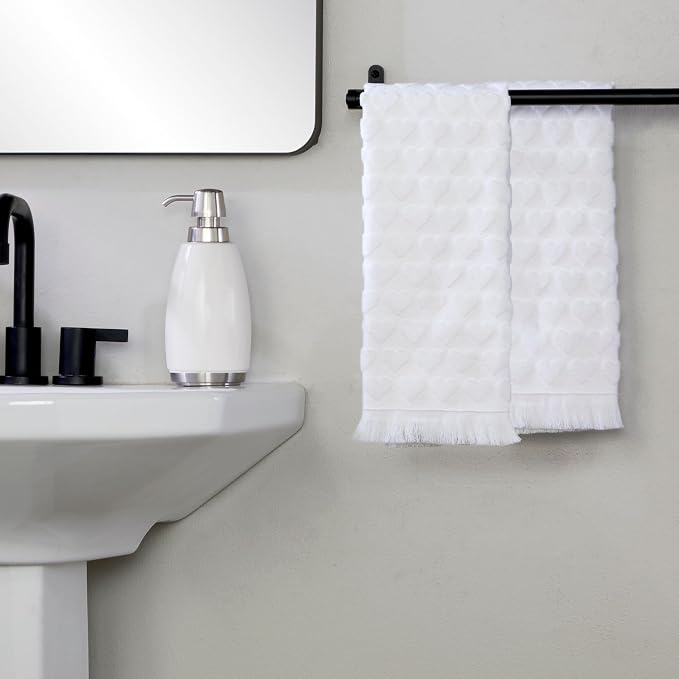 SKL Home Heart Jacquard Hand Towel Set-2pc, 100% Turkish Cotton, White | Soft & textured with fringed hem. For use in the bathroom, kitchen or bar. Great for Valentine's Day & year-round décor.